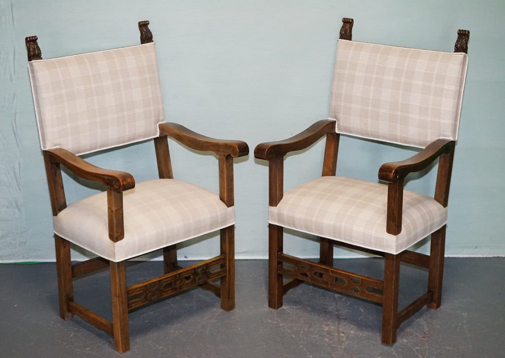 LOVELY PAIR OF VICTORIAN NEWLY UPHOLSTERED CARVER ARMCHAIRS CARVED WOOD DETAIL