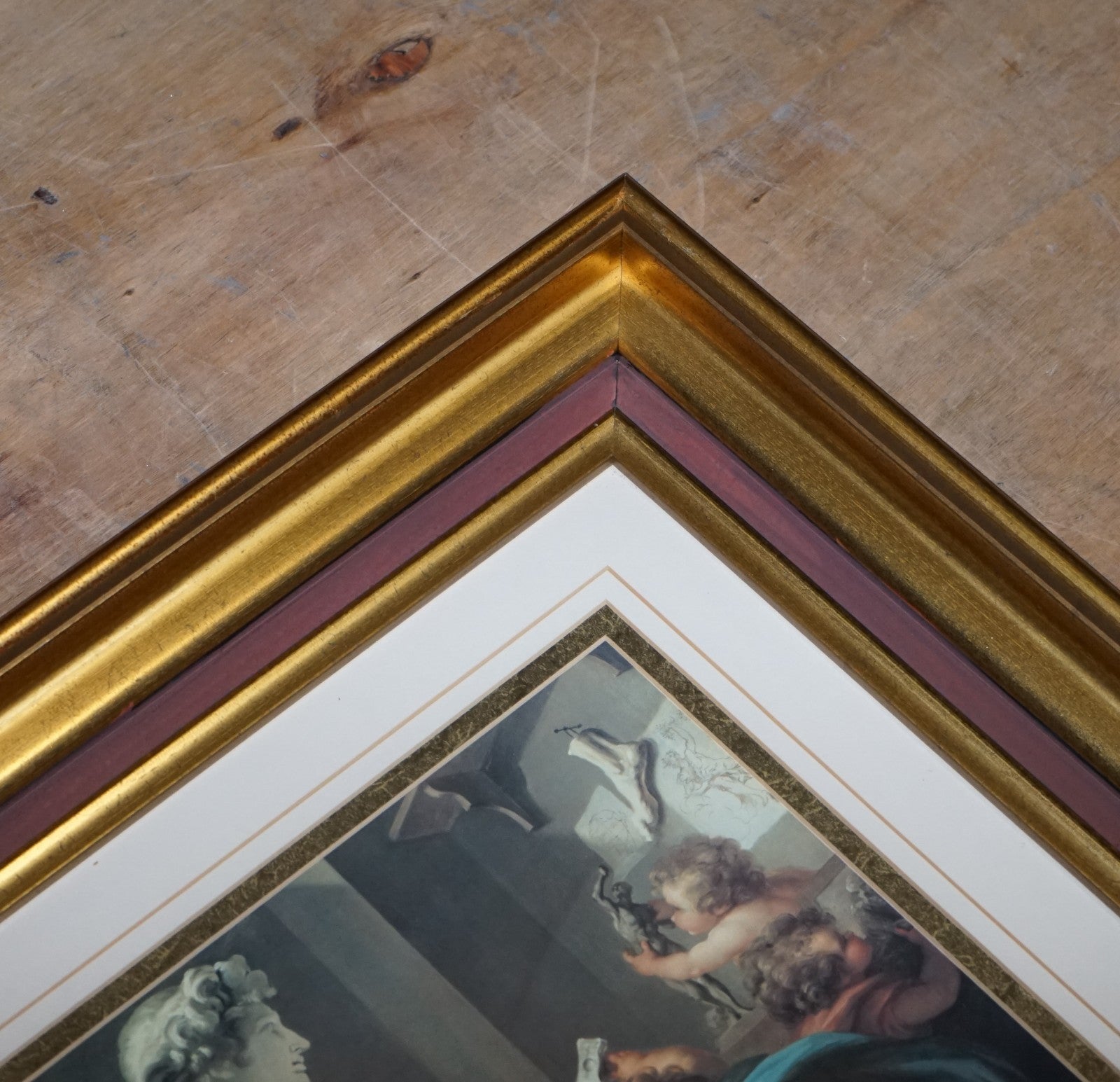 VINTAGE RENAISSANCE STYLE PRINT CHERUBS SCULPTING AN ANGEL GOLD FRAME 58 X 53 CM