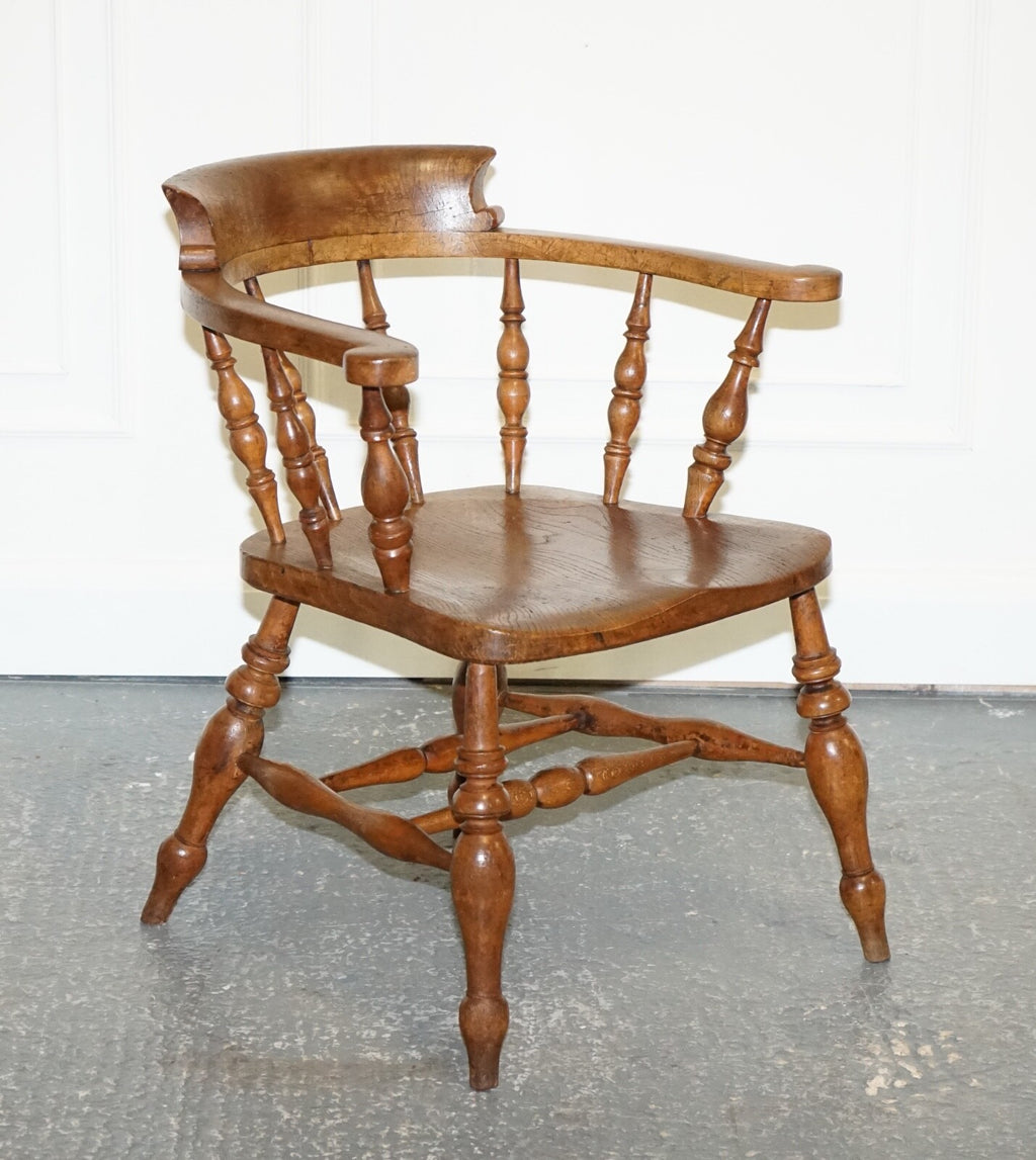 GORGEOUS PATINA EDWARDIAN SOLID ELM BOW BACK SMOKERS CAPTAINS CHAIR