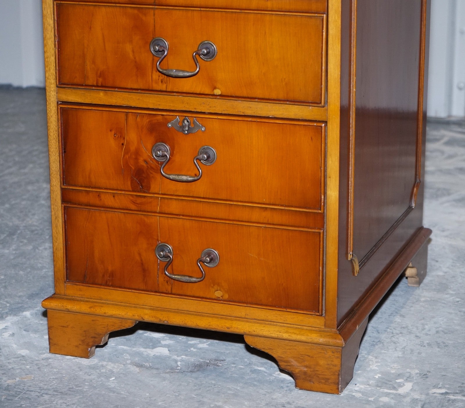 VINTAGE YEW WOOD FILLING CABINET WITH GREEN LEATHER TOP AND TWO DRAWERS (2)