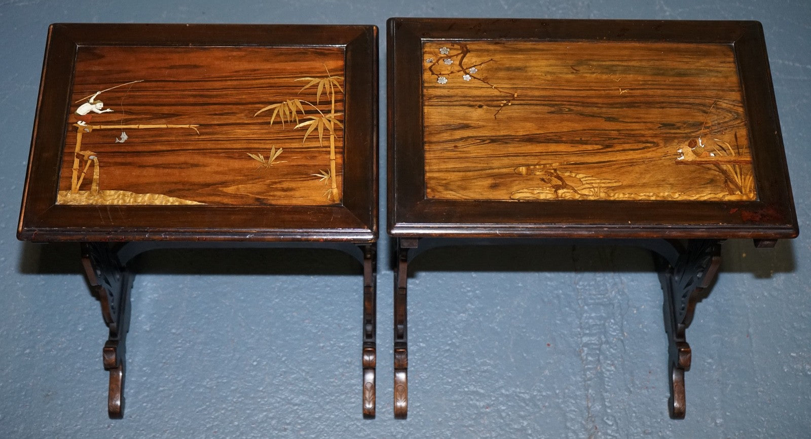 ART NOUVEAU CHINESE EXPORT NESTING TABLES PIERCED FRETWORK BONE & ABALONE C 1900