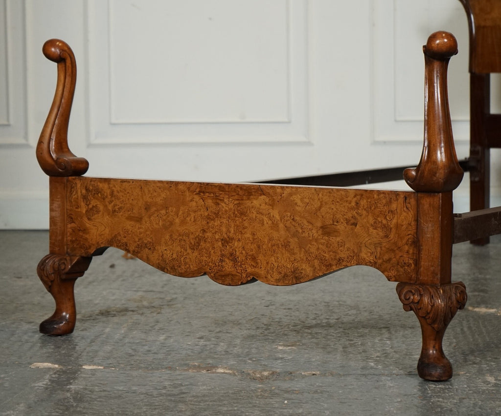 CIRCA 1930 ART DECO BURR WALNUT ENGLISH MADE VONO BEDSTEAD FRAME QUEEN ANNE LEGS