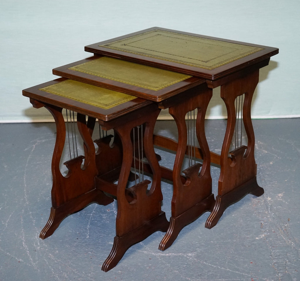 VINTAGE LYRE BASE GREEN LEATHER TOP NEST OF TABLES SIDE TABLES