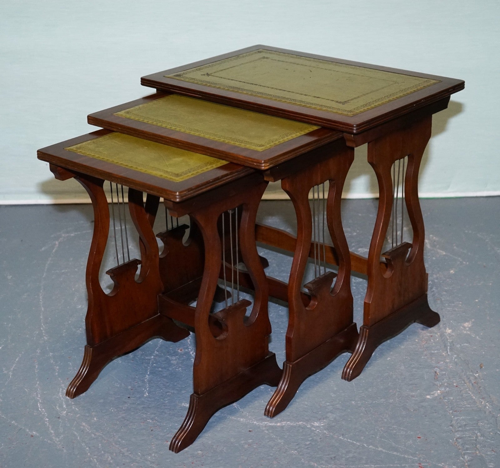 VINTAGE LYRE BASE GREEN LEATHER TOP NEST OF TABLES SIDE TABLES