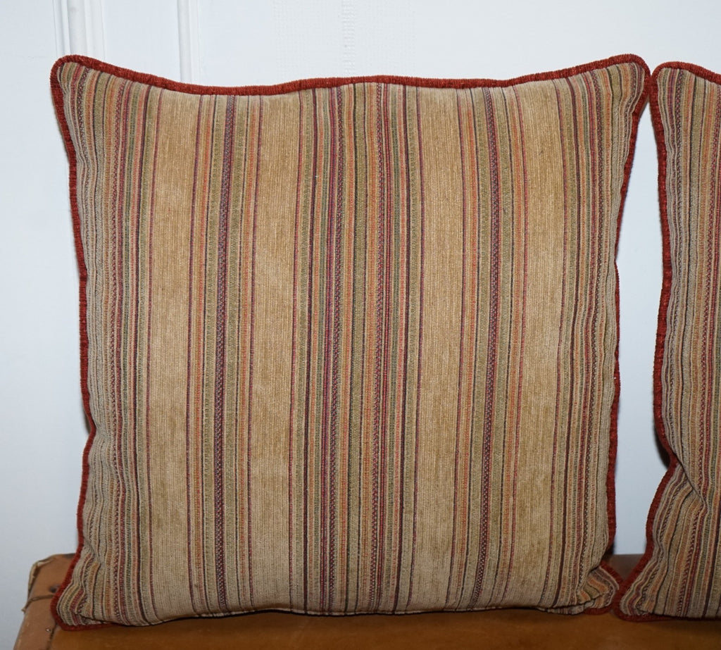 VINTAGE PAIR OF BEIGE STRIPPED & BURNT ORANGE FEATHER FILLED SCATTER CUSHIONS