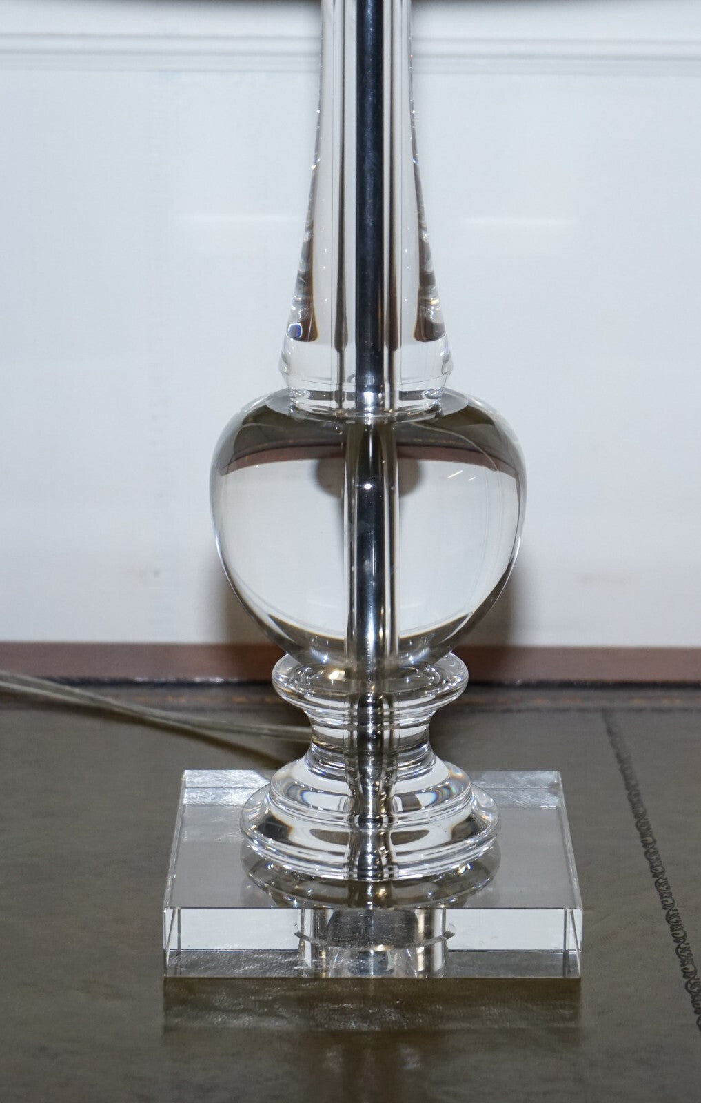 PAIR OF CLEAR GLASS TABLE LAMPS WITH BLACK SHADES