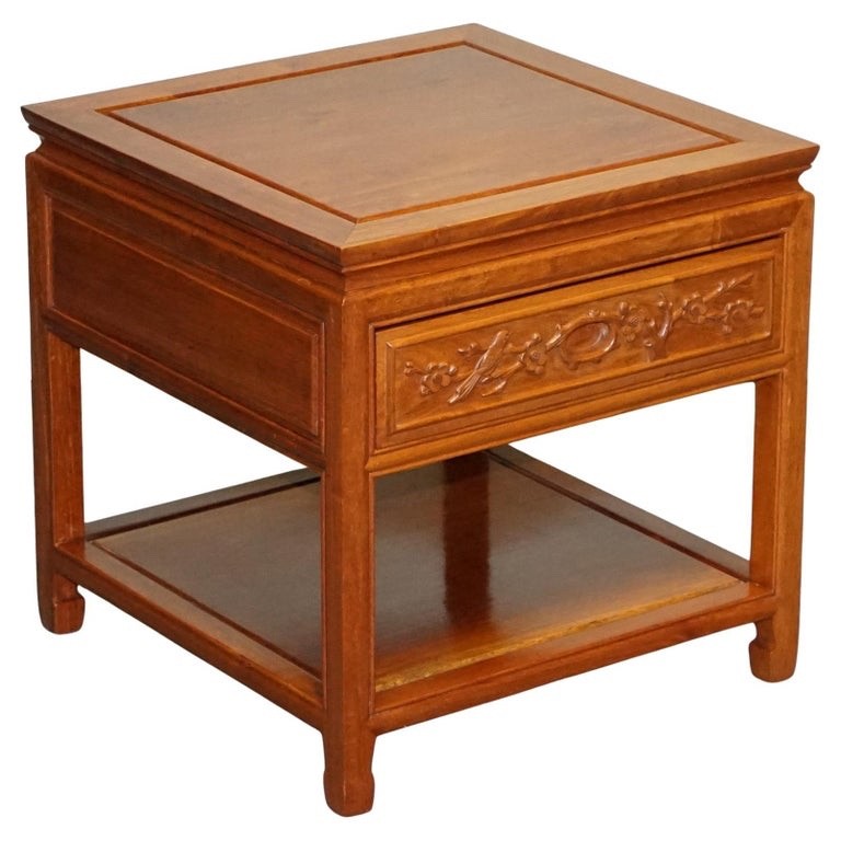 ORIENTAL CHINESE VINTAGE TEAK NIGHTSTAND BEDSIDE TABLE WITH DRAWER