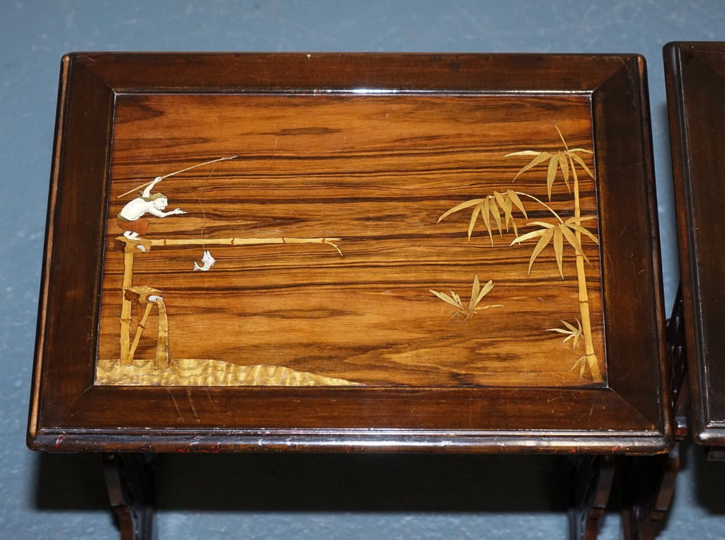 ART NOUVEAU CHINESE EXPORT NESTING TABLES PIERCED FRETWORK BONE & ABALONE C 1900