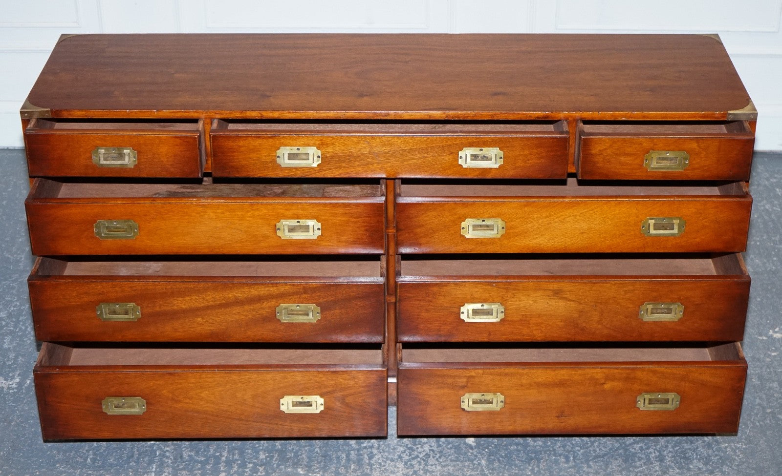 VINTAGE YEW WOOD MILITARY CAMPAIGN SIDEBOARD BANK OF DRAWERS WITH BRASS HANDLES