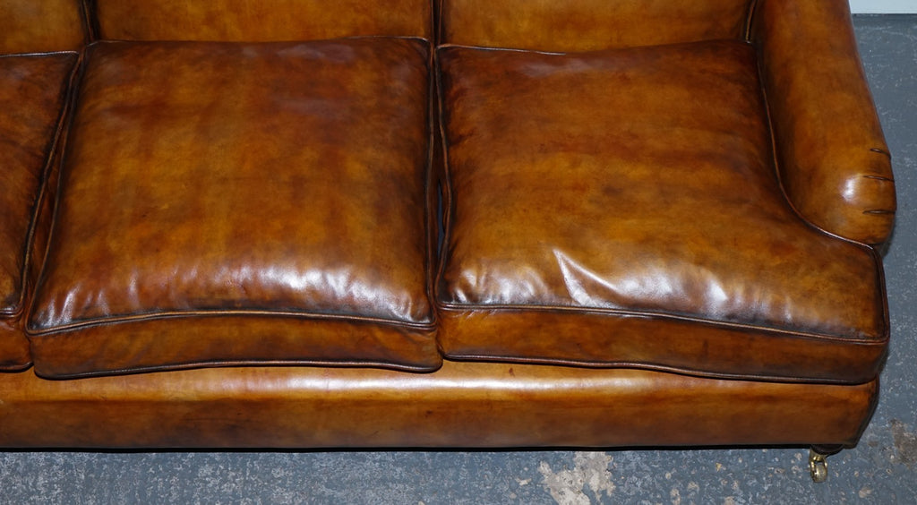 RESTORED HAND DYED LEATHER THREE SEATER SOFA HOWARD & SONS STYLE FEATHER FILLED