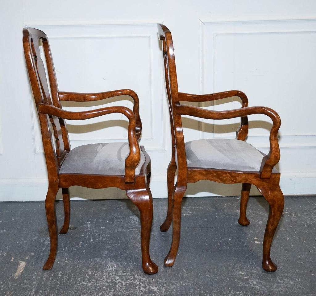 1920'S ART DECO PAIR OF QUEEN ANNE STYLE BURR WALNUT HALLWAY ELBOW ARMCHAIRS