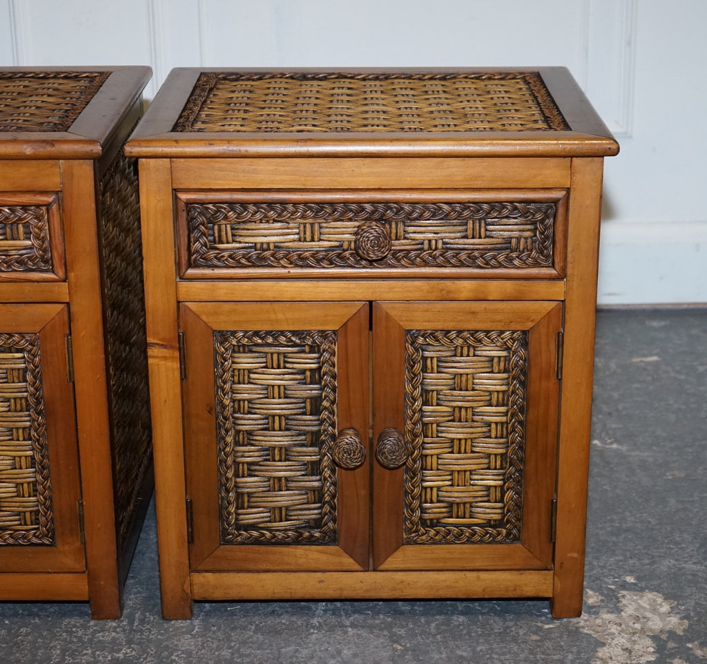 VINTAGE PAIR OF WICKER OR RATTAN NIGHTSTANDS BEDSIDE TABLES CUPBOARD & DRAWER