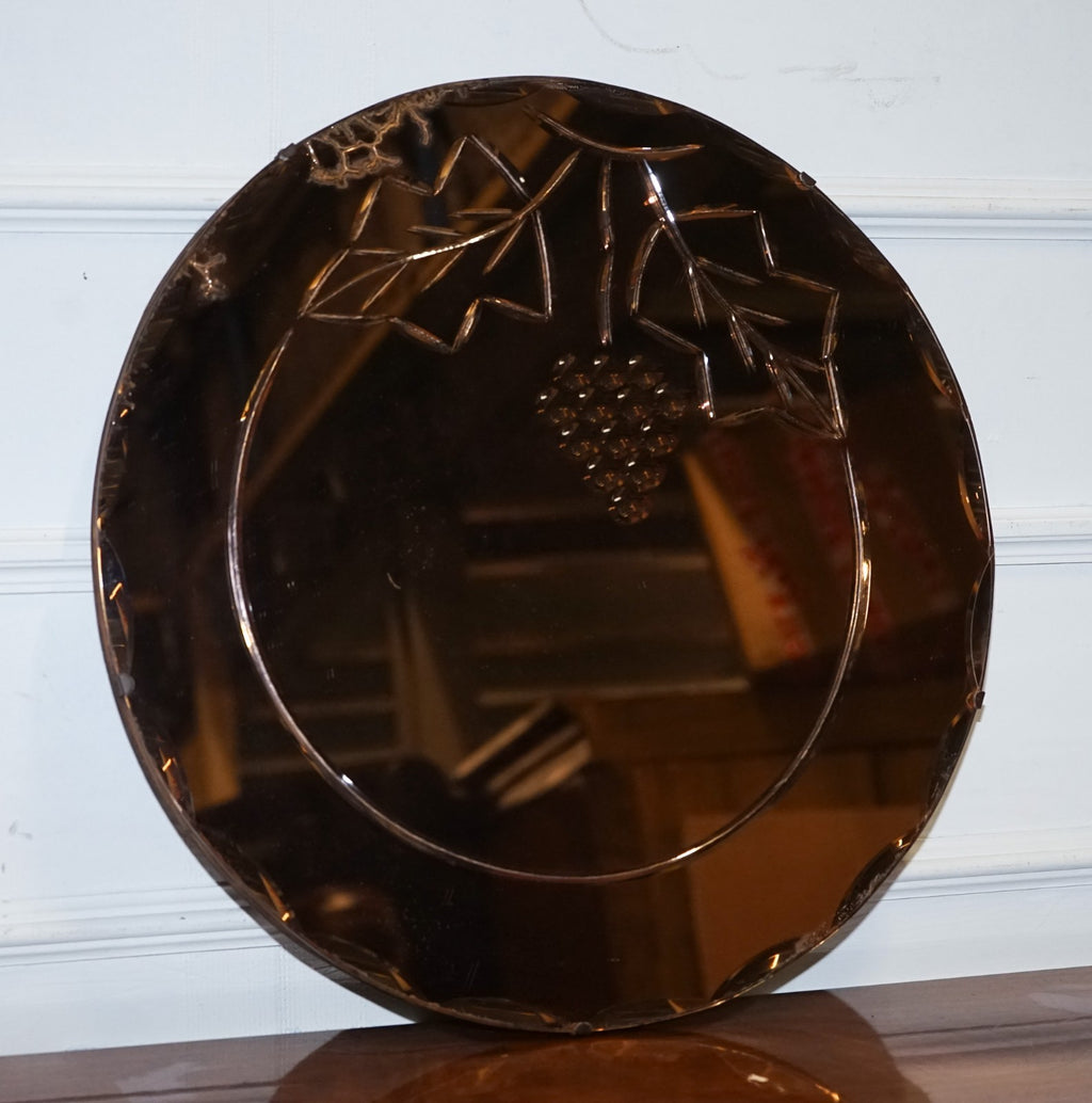 VINTAGE ART DECO PEACH GLASS BEVELED CIRCULAR WALL MIRROR