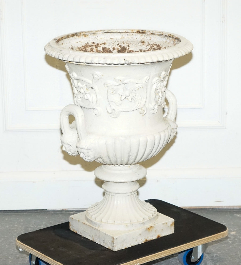 VICTORIAN PAINTED CAST IRON URN FLARED BEADED RIMS ABOVE SCROLLiNG ACANTHUS