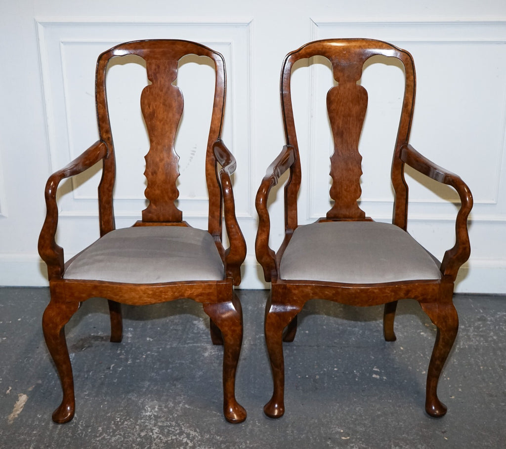 1920'S ART DECO PAIR OF QUEEN ANNE STYLE BURR WALNUT HALLWAY ELBOW ARMCHAIRS