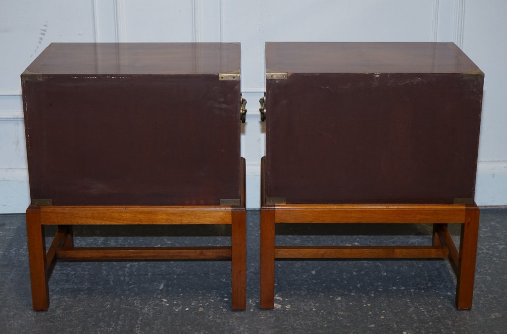 A PAIR OF YEW WOOD & BRASS ENGLISH MILITARY CAMPAIGN END CABINETS NIGHTSTANDS