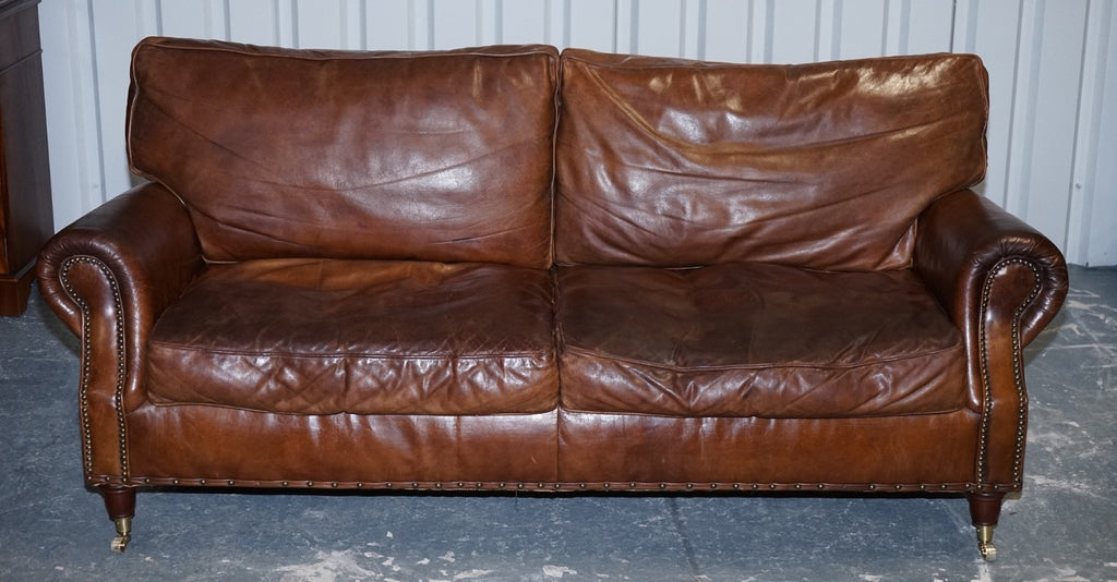 HALO TIMOTHY OULTON STYLE BALMORAL THREE SEATER BROWN HERITAGE LEATHER SOFA