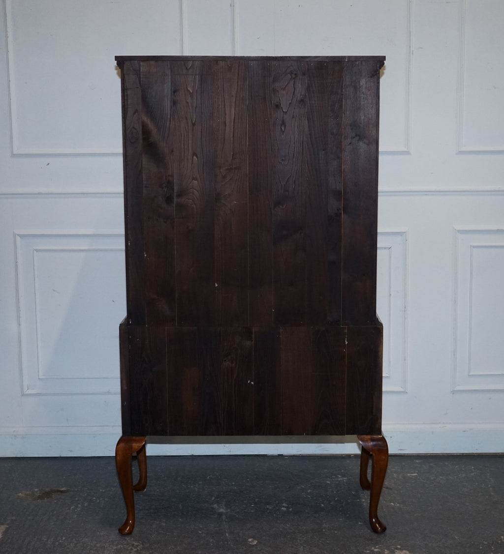 ANTIQUE GEORGIAN STYLE BURR WALNUT CHEST ON STAND WITH QUEEN ANNE LEGS