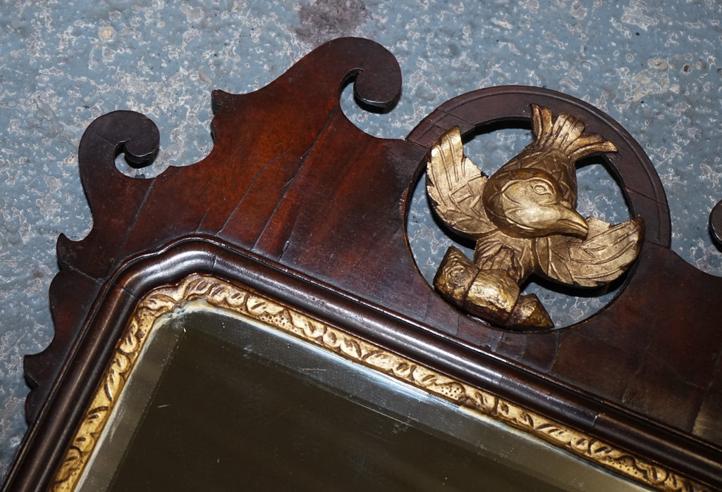 ANTIQUE 1760'S CHIPPENDALE STYLE  WALL MIRROR WITH GILTWOOD & PHOENIX