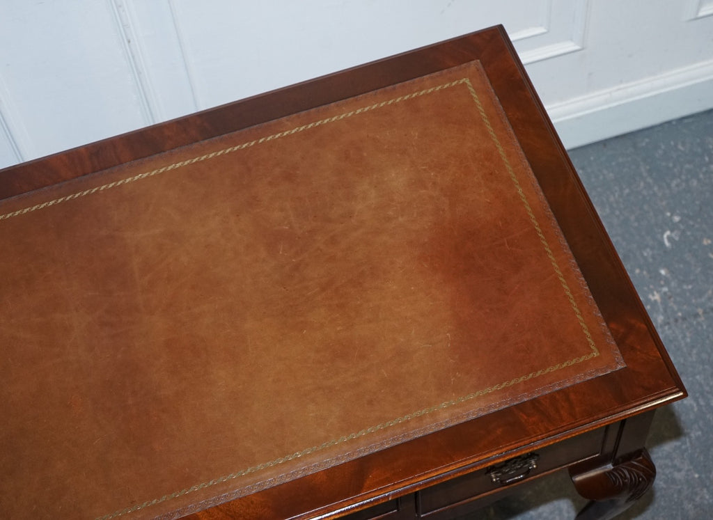 ENGLISH ANTIQUE STYLE WRITING DESK WITH BROWN LEATHER GOLD EMBOSSED TOP