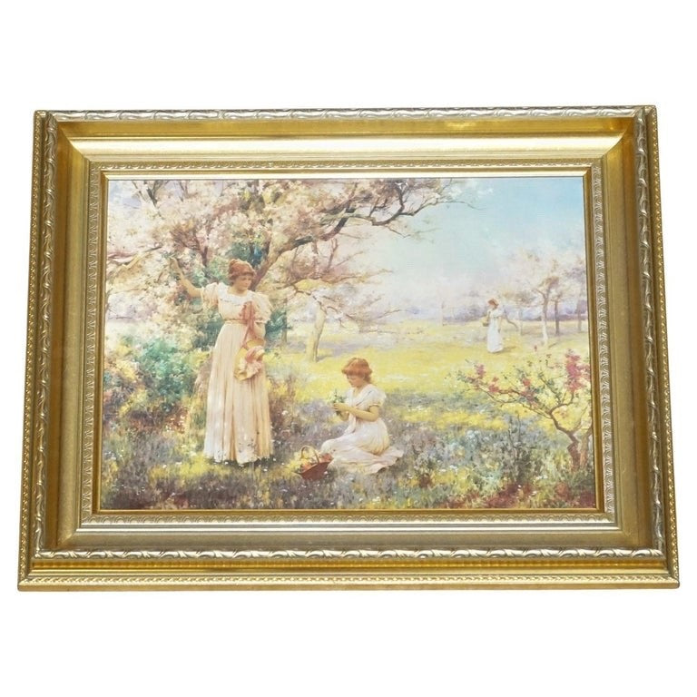 PAINTING PRINT GOLDEN FRAME''PICKING FLOWERS''BY ALFRED GLENDENING JR. 42X52 CM