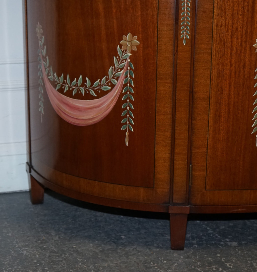FINE SUBSTANTIAL PAIR OF HAND PAINTED DEMI LUNE SHERATON STYLE CONSOLE CABINETS