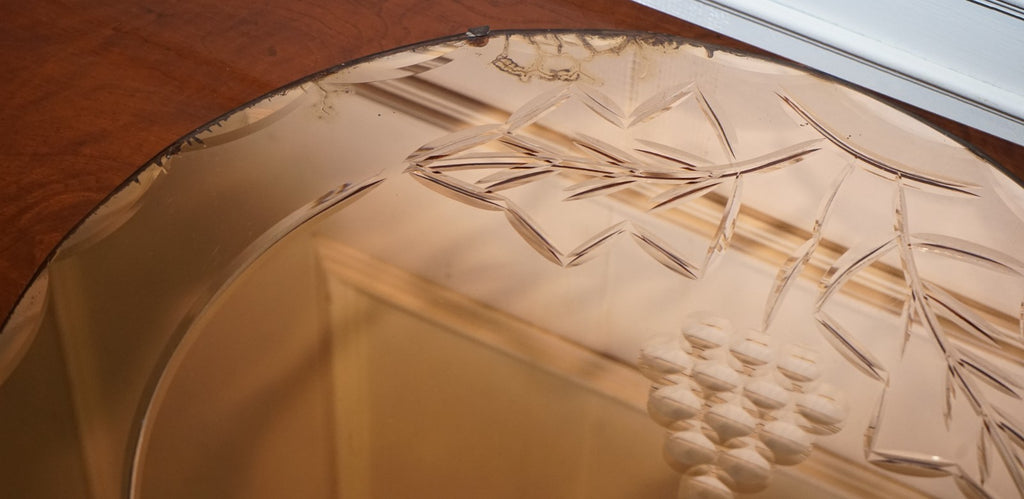VINTAGE ART DECO PEACH GLASS BEVELED CIRCULAR WALL MIRROR