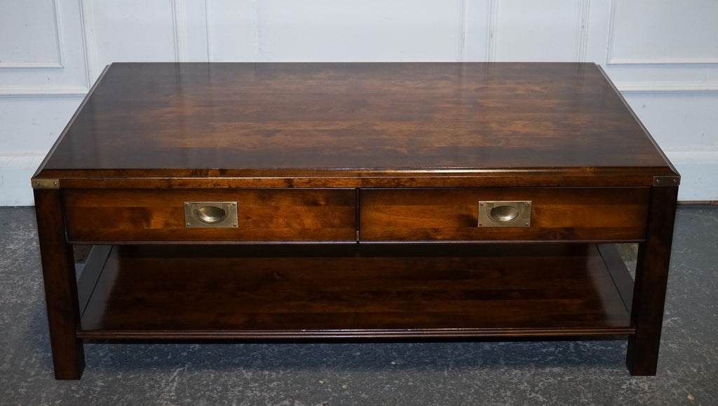 VINTAGE MILITARY CAMPAIGN MAHOGANY & BRASS COFFEE TABLE WITH TWO DRAWERS