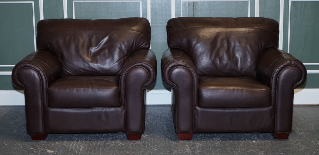 PAIR OF LARGE COMFORTABLE BROWN LEATHER ARMCHAIRS, MATCHING SOFA AVAILABLE