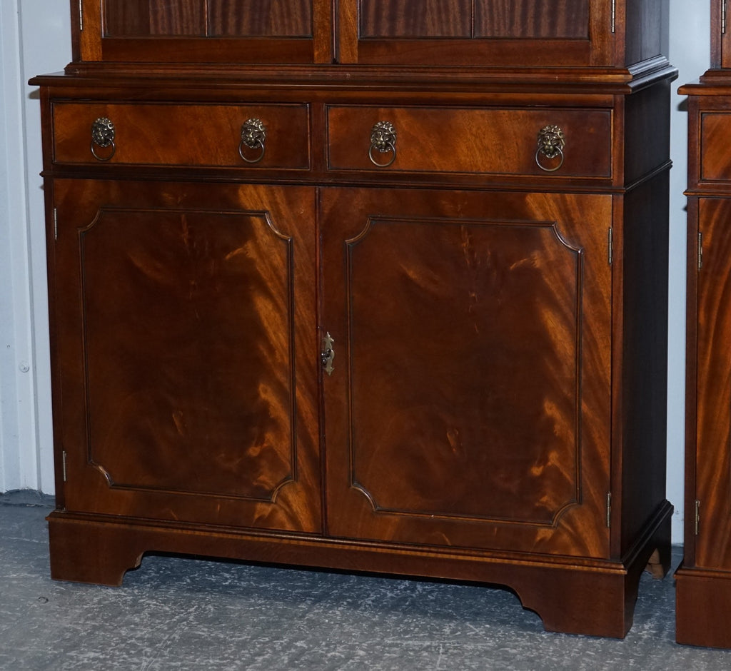 PAIR GEORGIAN STYLE DISPLAY CABINETS BOOKCASES WITH BRASS LION HANDLES