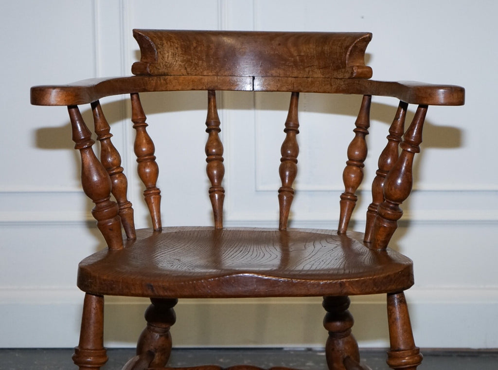 GORGEOUS PATINA EDWARDIAN SOLID ELM BOW BACK SMOKERS CAPTAINS CHAIR