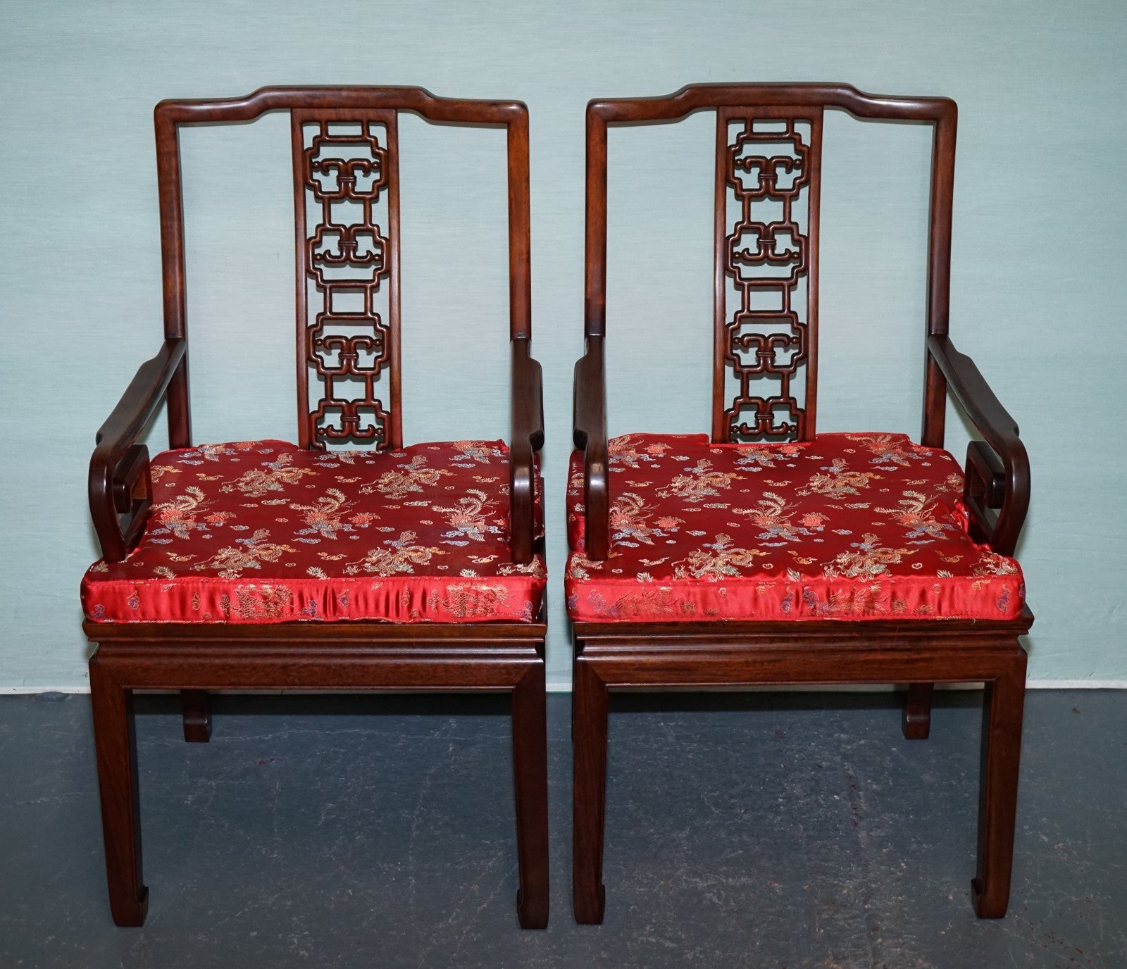 PAIR VINTAGE ORIENTAL CHINESE HARD WOOD CARVER ARMCHAIRS WITH CUSHIONS
