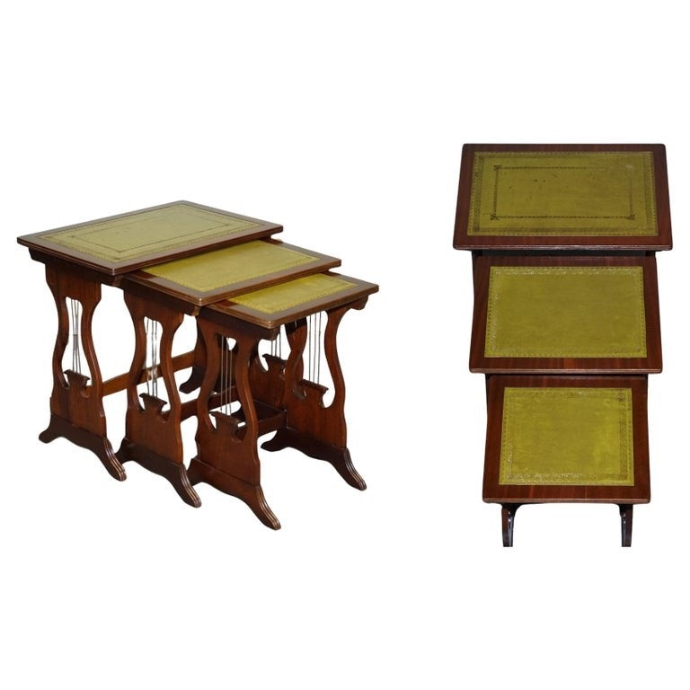 VINTAGE LYRE BASE GREEN LEATHER TOP NEST OF TABLES SIDE TABLES