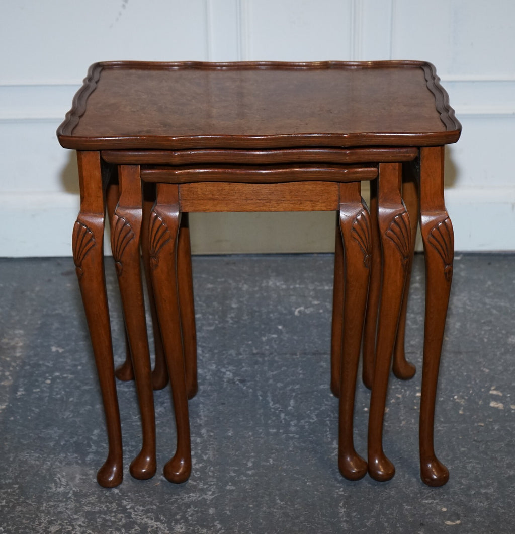 1920 ART DECO BURR WALNUT NEST OF THREE TABLES QUEEN ANNE LEGS