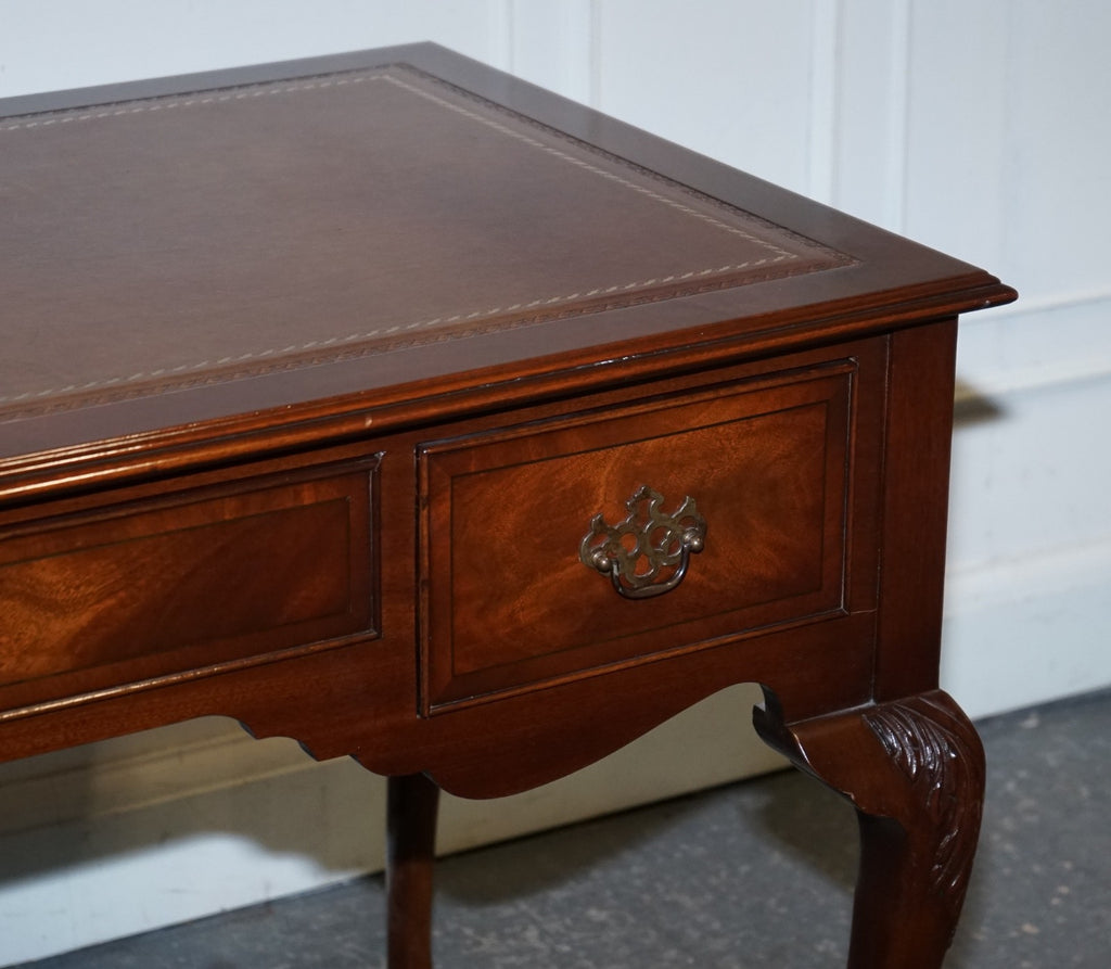 ENGLISH ANTIQUE STYLE WRITING DESK WITH BROWN LEATHER GOLD EMBOSSED TOP