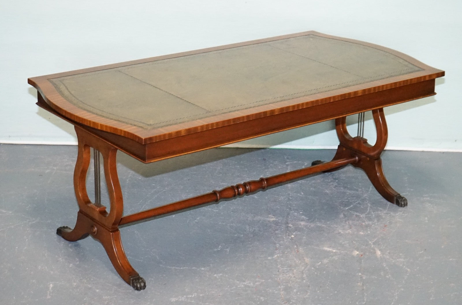 LARGE VINTAGE HUNTER GREEN LEATHER TOP COFFEE TABLE