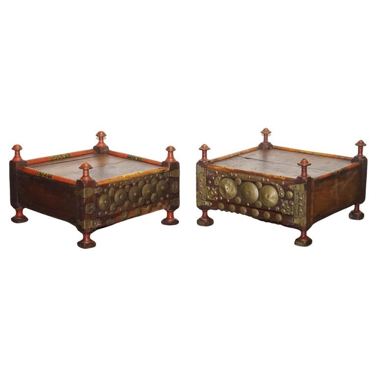 ANTIQUE PRIMITIVE ORIENTAL ASIAN SIDE TABLES HAND PAINTED VERY DECORATIVE