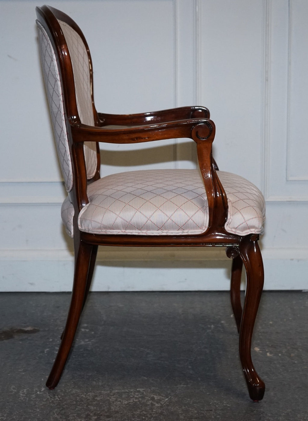VINTAGE FRENCH STYLE WALNUT UPHOLSTERED SALON ARMCHAIR