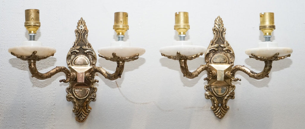 1960'S PAIR OF ALABASTER & BRASS TWIN WALL LIGHTS