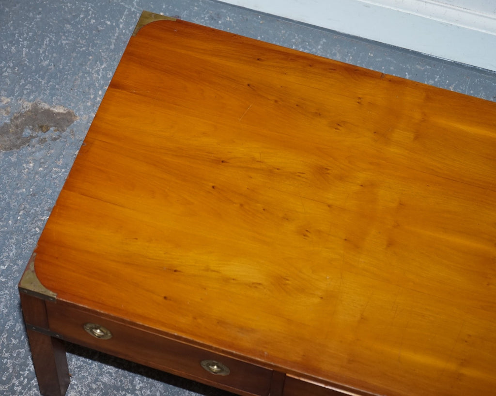 VINTAGE BURR YEW WOOD BRASS MILITARY CAMPAIGN 3 DRAWER COFFEE TABLE