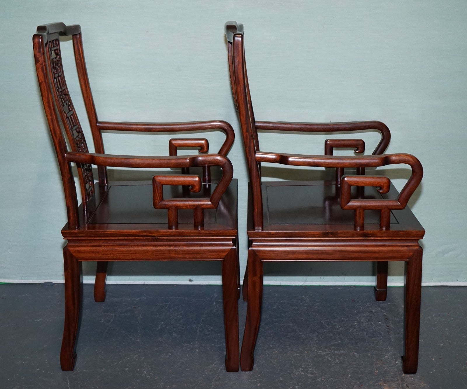 PAIR VINTAGE ORIENTAL CHINESE HARD WOOD CARVER ARMCHAIRS WITH CUSHIONS