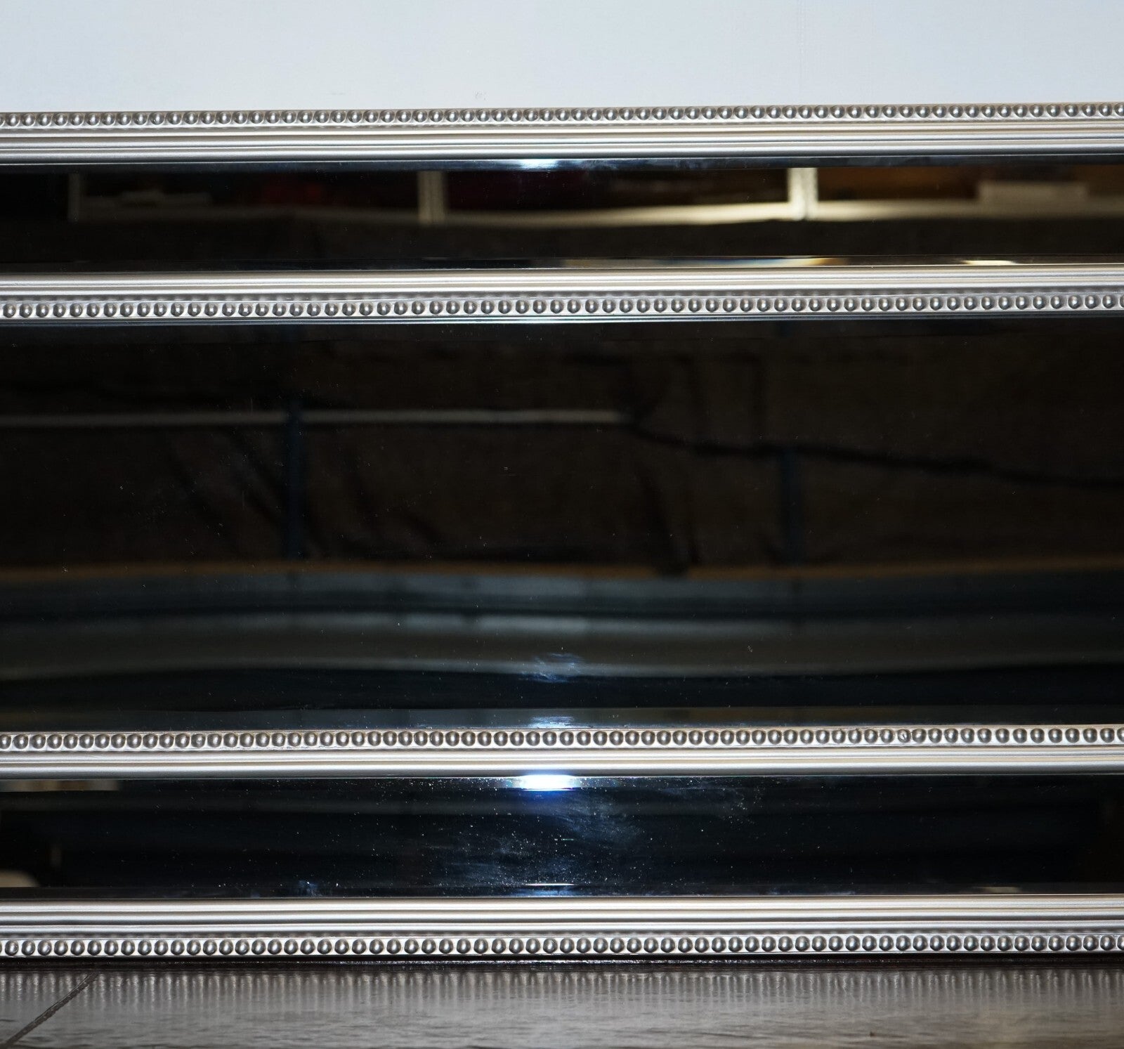 BEAUTIFUL LARGE SILVER BEADED CUSHIONED BEVELLED RECTANGULAR MIRROR