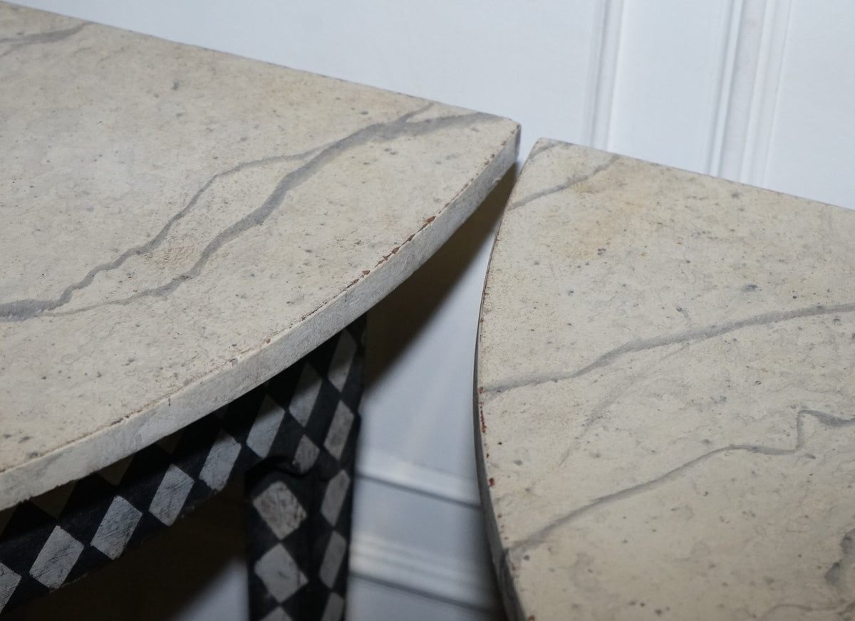 ENGLISH GEORGIAN HAND PAINTED PAIR OF DEMI LUNE SIDE CONSOLE TABLE MARBLE EFFECT