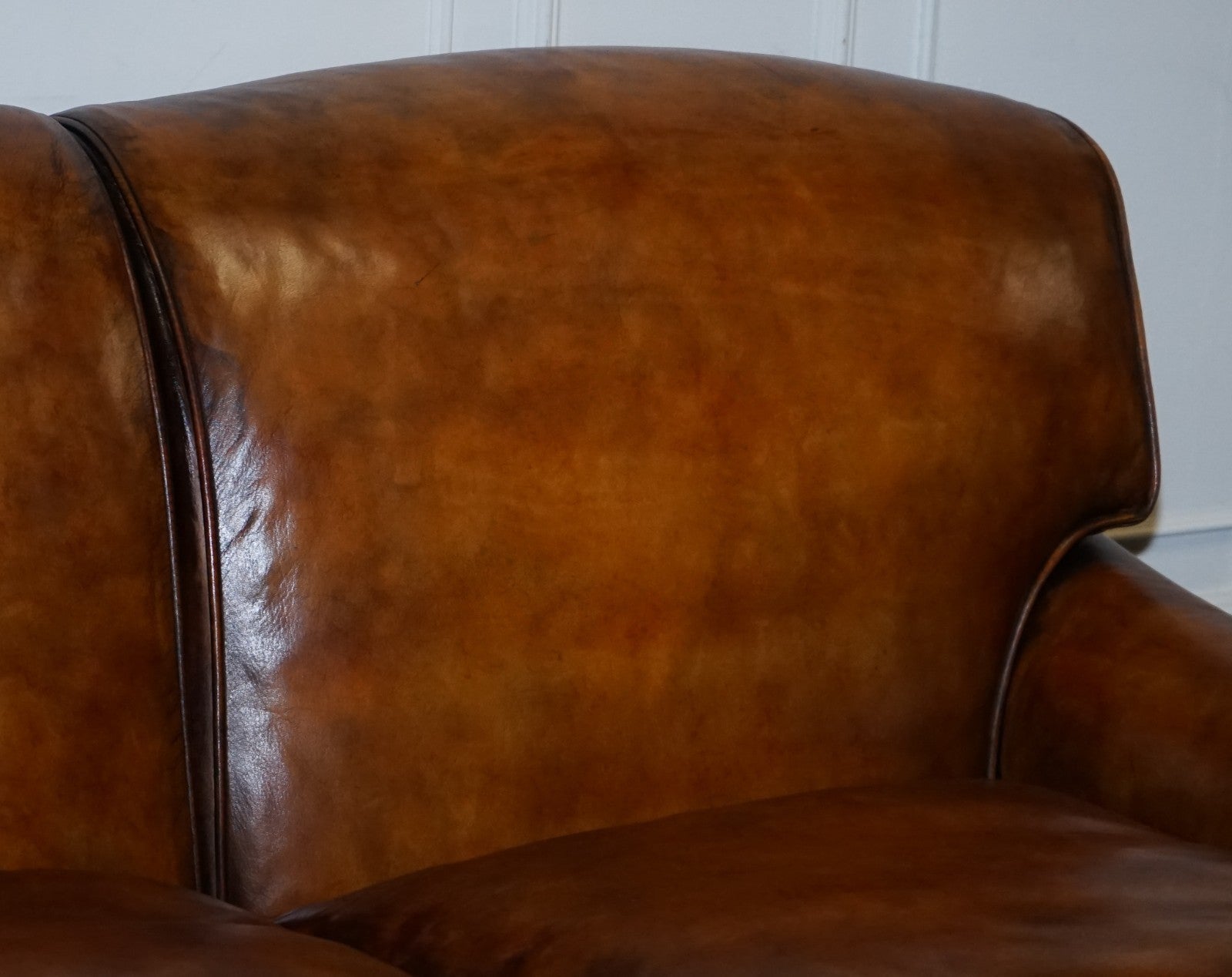 RESTORED HAND DYED LEATHER THREE SEATER SOFA HOWARD & SONS STYLE FEATHER FILLED