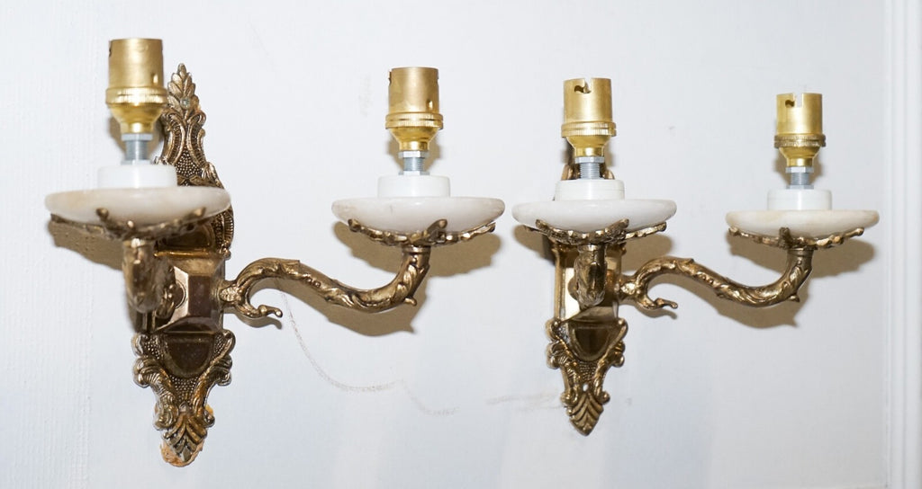 1960'S PAIR OF ALABASTER & BRASS TWIN WALL LIGHTS