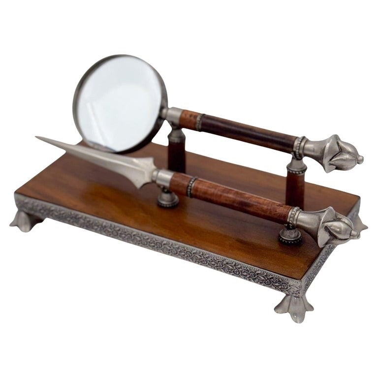 ANTIQUE ENGLISH WALNUT RECEPTION DESK LETTER SET MAGNIFYING GLASS