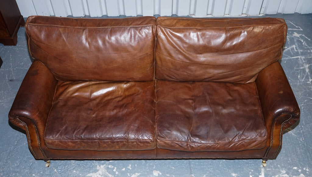 HALO TIMOTHY OULTON STYLE BALMORAL THREE SEATER BROWN HERITAGE LEATHER SOFA