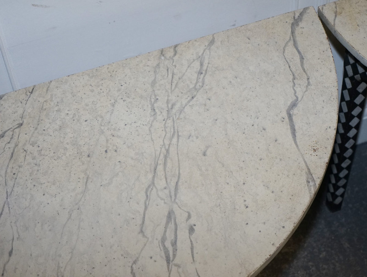 ENGLISH GEORGIAN HAND PAINTED PAIR OF DEMI LUNE SIDE CONSOLE TABLE MARBLE EFFECT