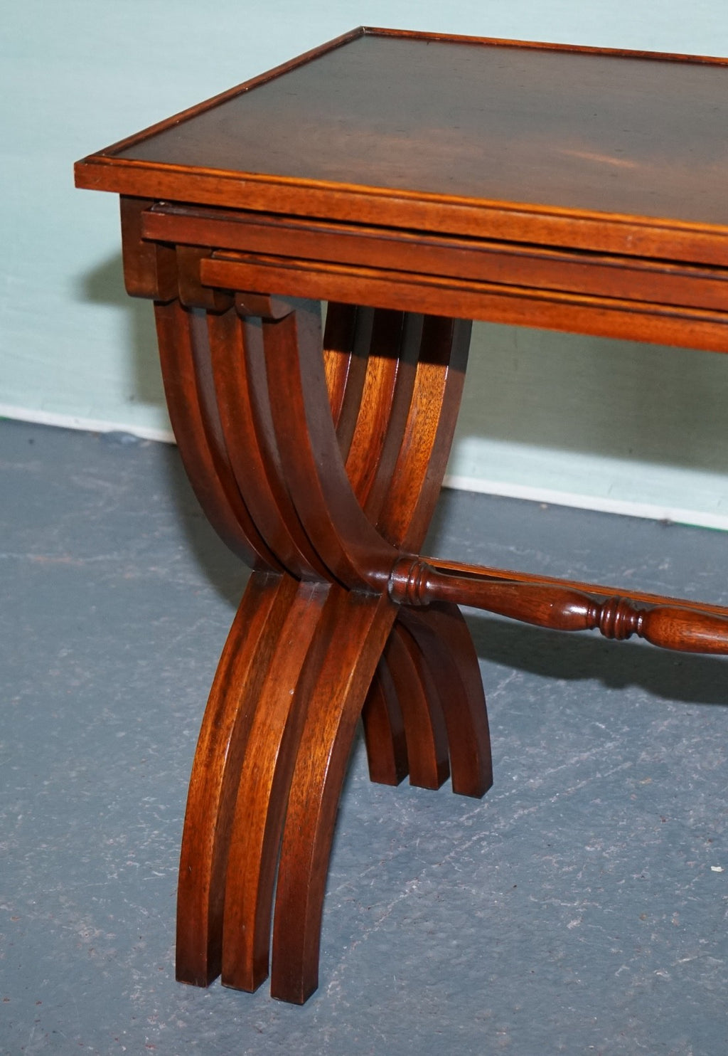 VINTAGE HARDWOOD NEST OF TABLES WITH LYRE FORM LEGS