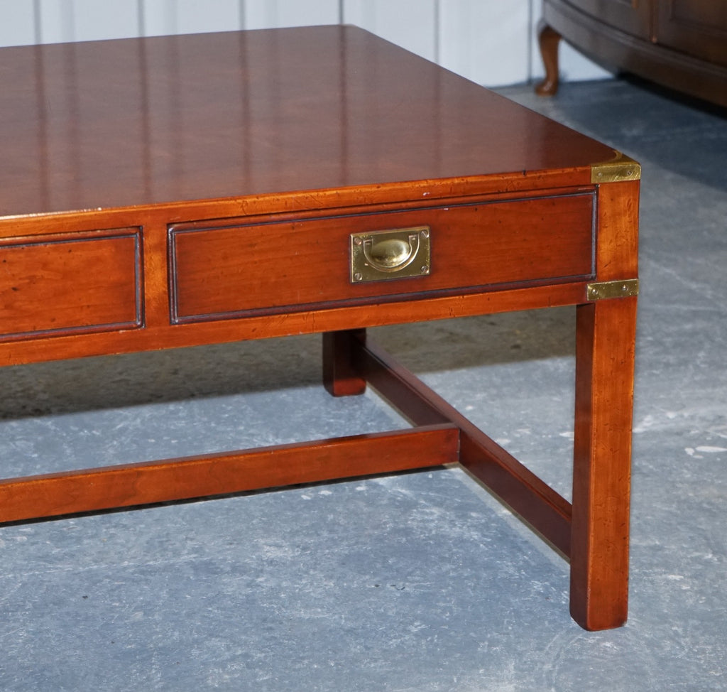 LARGE MILITARY CAMPAIGN REH KENNEDY HARRODS COFFEE TABLE WITH THREE DEEP DRAWERS